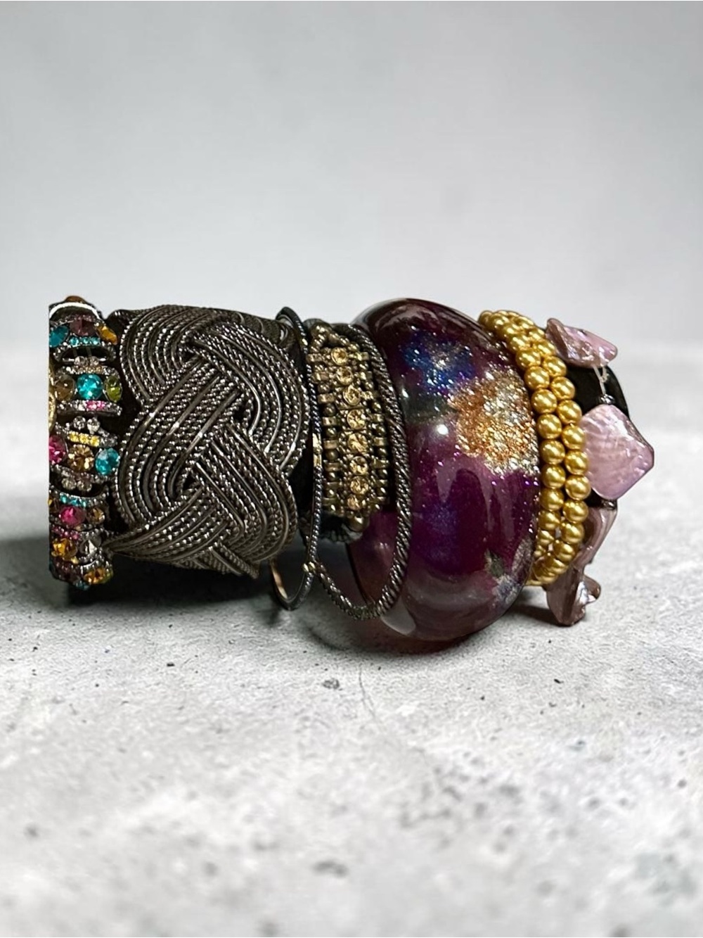 Boho Statement Bracelet Stack Set Colorful Rhinestone Woven Metallic Beaded